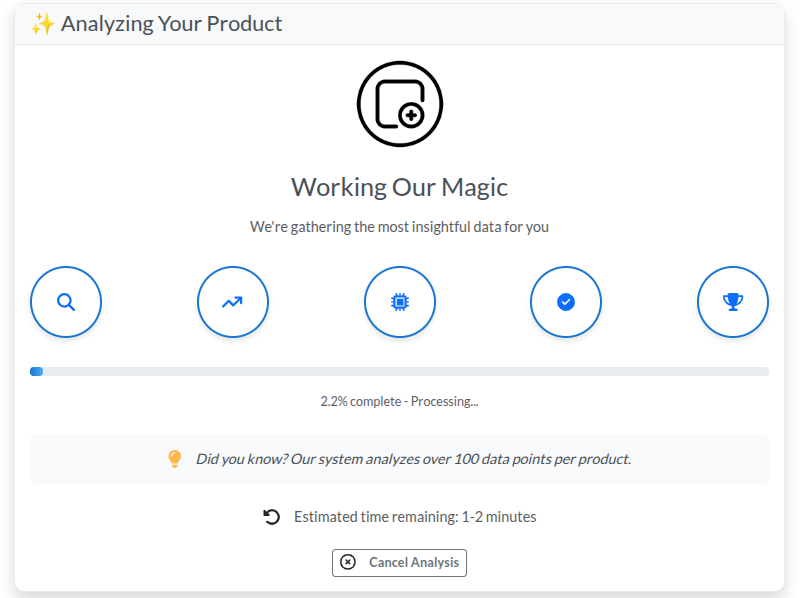 Bubeph's loading indicator showing the product analysis in progress after clicking Analyze.