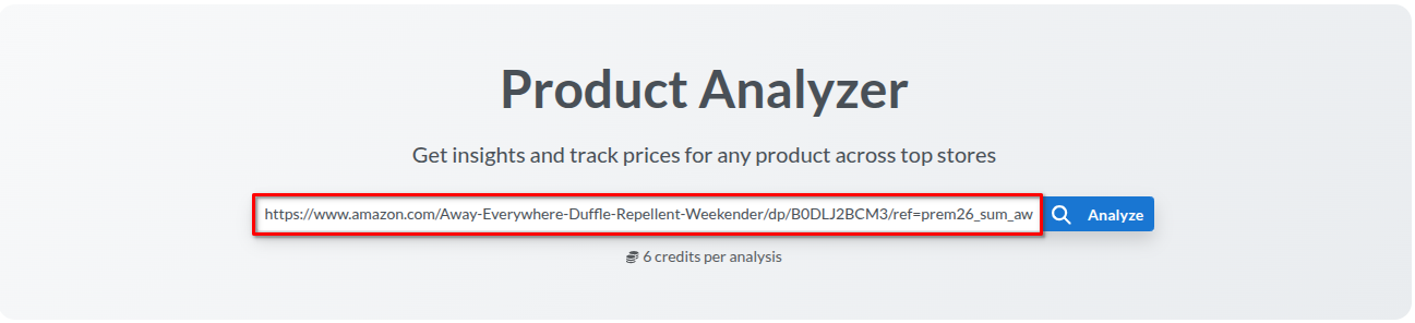 Pasting an Amazon product URL for the Away Everywhere Bag into Bubeph's Product URL analyzer search bar.