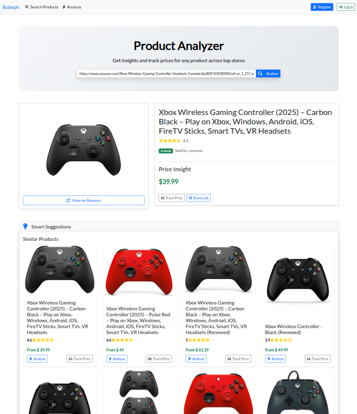Bubeph showing analyzed product details and price information