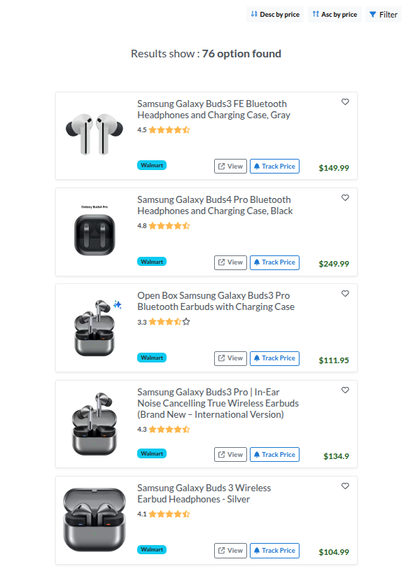 Bubeph search results page showing multiple Samsung earbuds listings from supported marketplaces.