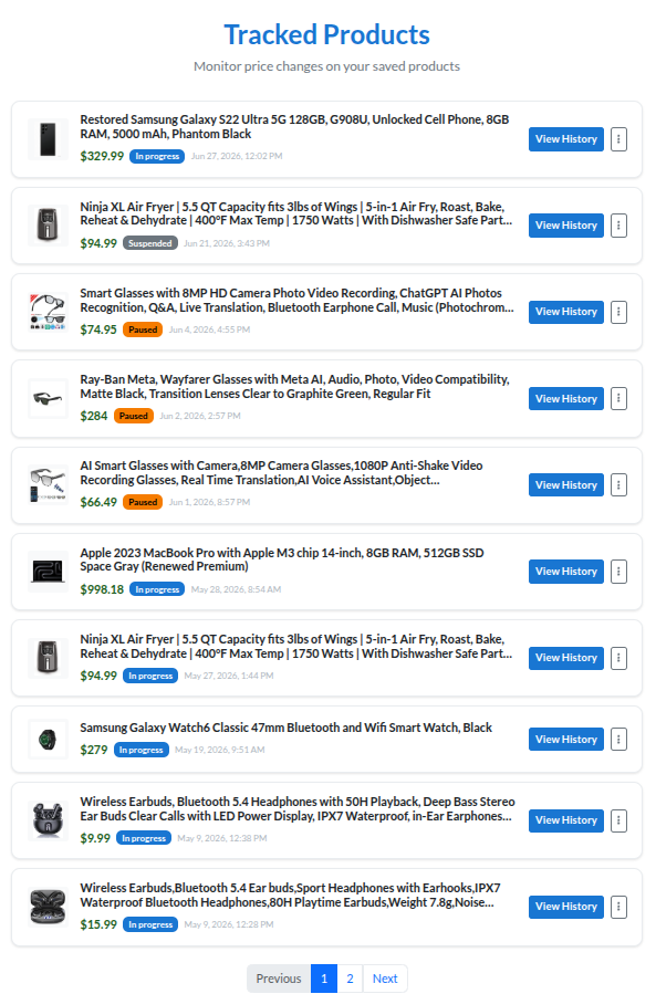 Bubeph dashboard showing a personal list of tracked products, each with its current price and target price being monitored for price drops.